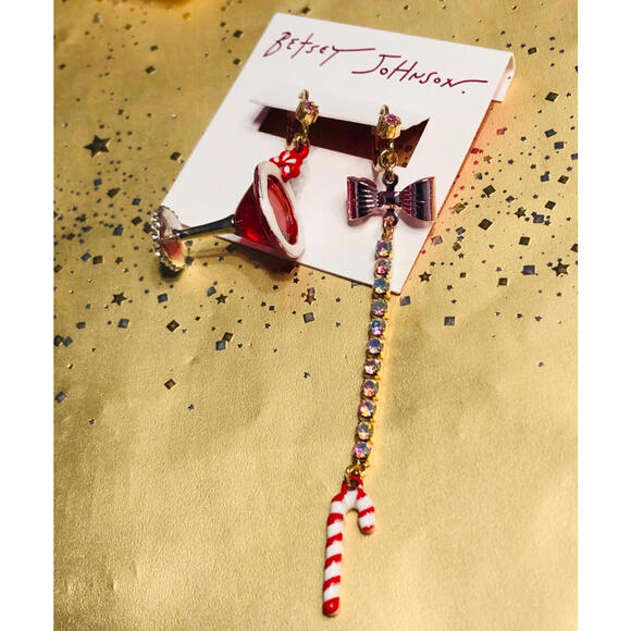 Betsey Johnson Cocktail and Candy Cane Dangle Earrings NWT - Picture 2 of 7